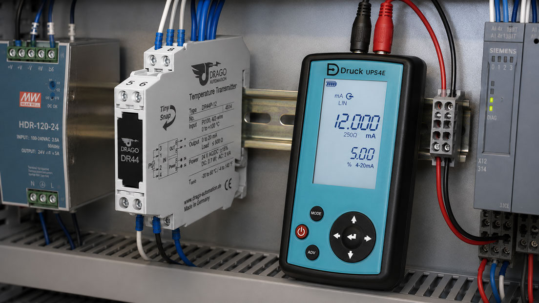 DRAGO DR44 Hutschienen Messumformer mit Druck UPS4E im Schaltschrank prüfen – 24 V DC und 4–20 mA