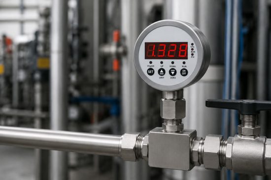 Digitalmanometer mit Schaltausgang zur direkten Grenzwertüberwachung an einer industriellen Druckleitung