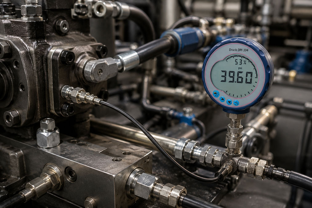 Druck DPI 104 mit MINIMESS Mikrobohrschlauch zur sicheren Hydraulikdruckmessung am Prüfstand