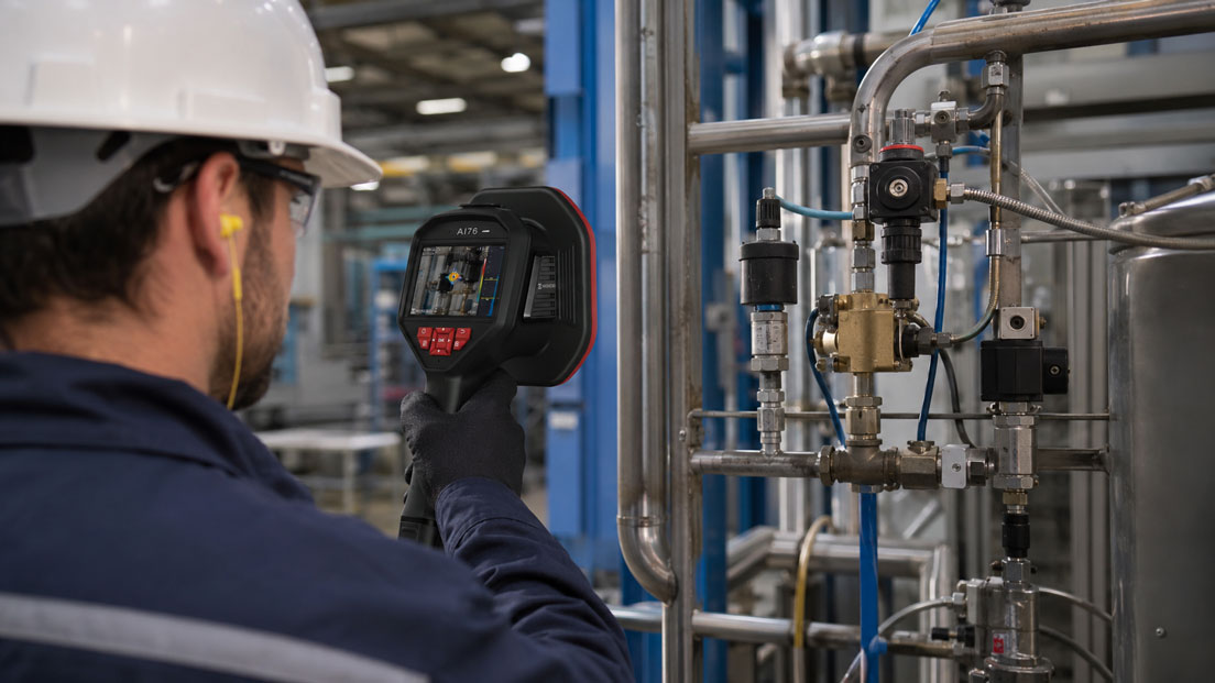 Druckluftleckagen mit der HIKMICRO AI76 akustischen Kamera im laufenden Industriebetrieb lokalisieren