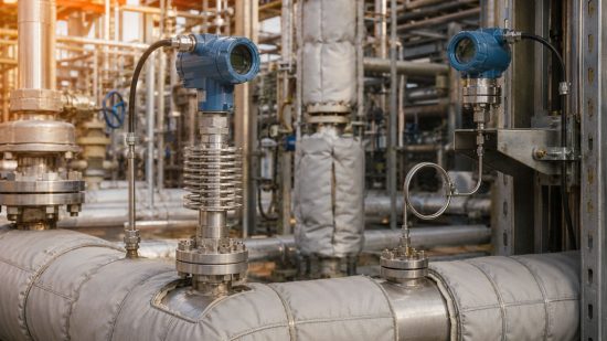 Druckmittler für hohe Temperaturen mit Kühlelement und Kapillarleitung an einer industriellen Prozessleitung