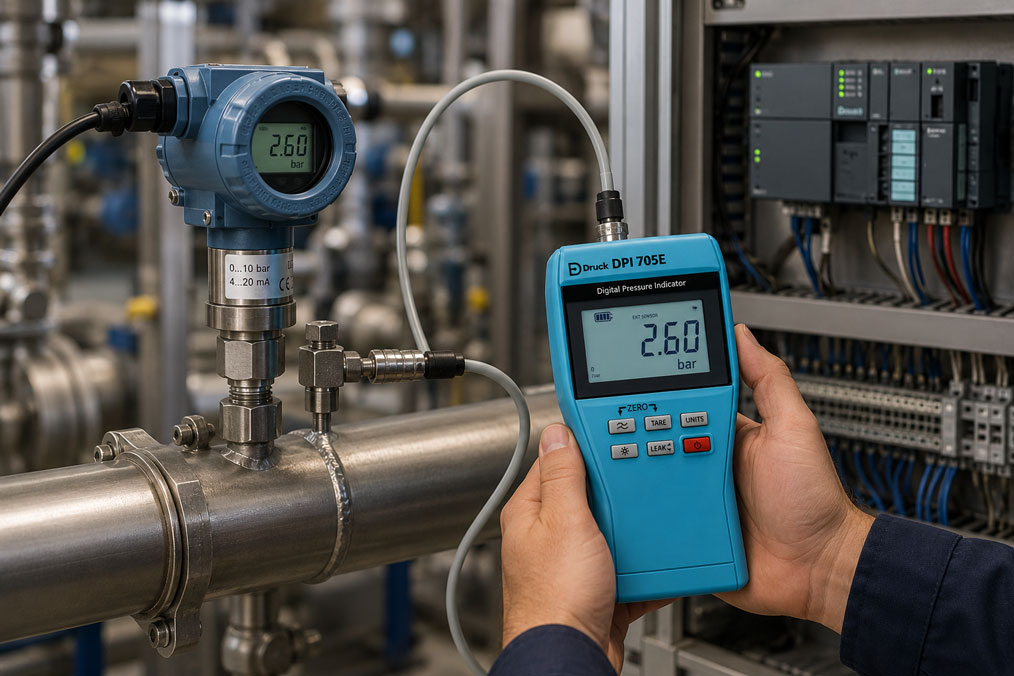 Drucktransmitter mit DPI705E Referenzgerät vor Ort prüfen