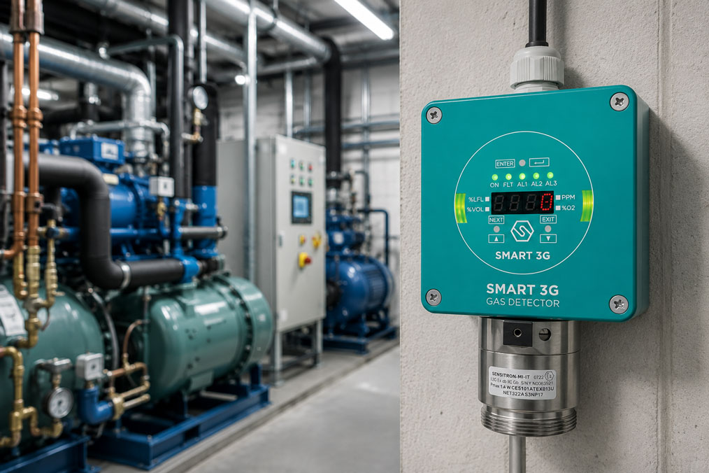 F Gas Detektor zur Kältemittelüberwachung in technischer Anlage
