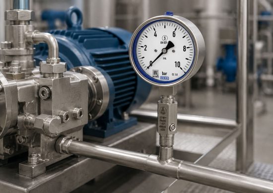 Flüssigkeitsgefülltes Manometer mit Stoßminderer an einer pulsierenden Pumpe