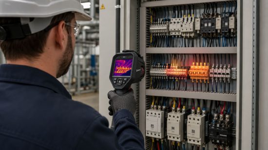HIKMICRO M11 bei der Wärmebildprüfung überhitzter Klemmen und Schütze im Schaltschrank