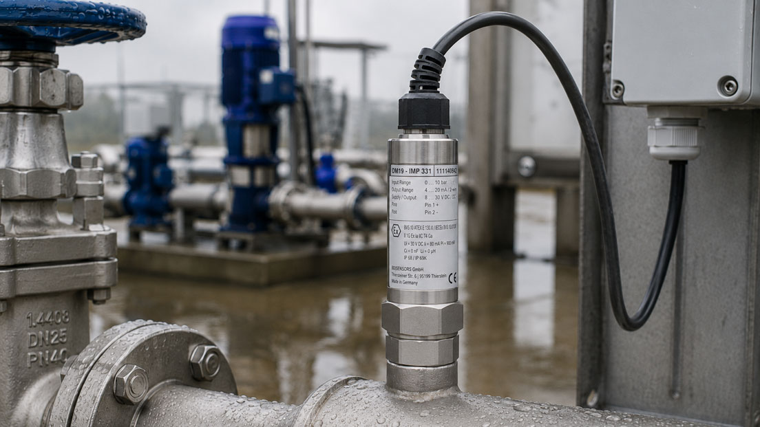 IMP331 Drucksensor mit wetterfestem Kabelanschluss an einer Außenleitung im Pumpwerk