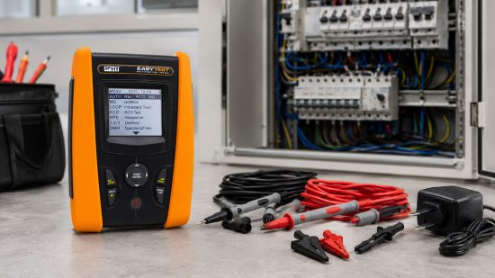 Installationstester EASYTEST vor der VDE Prüfung mit Zubehör kontrollieren