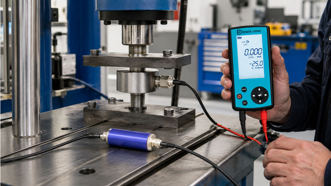 Kraftsensor mit B1940 Messverstärker und UPS4E zur Prüfung eines 4–20 mA Ausgangssignals