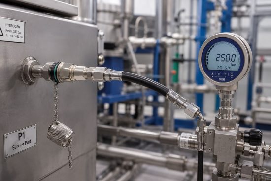 MINIMESS Wasserstoff Servicepunkt mit WIKA Digitalmanometer zur sicheren Druckprüfung am H₂ Prüfstand