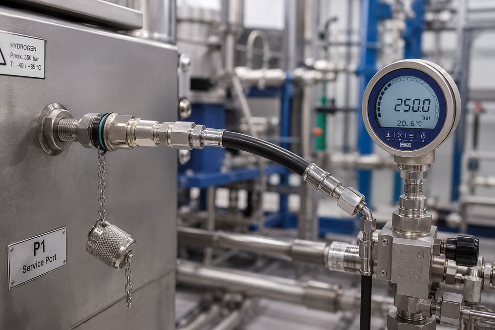 MINIMESS Wasserstoff Servicepunkt mit WIKA Digitalmanometer zur sicheren Druckprüfung am H₂ Prüfstand