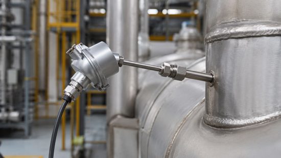 Mantelthermoelement mit Anschlusskopf fachgerecht in einer Prozessanlage montiert