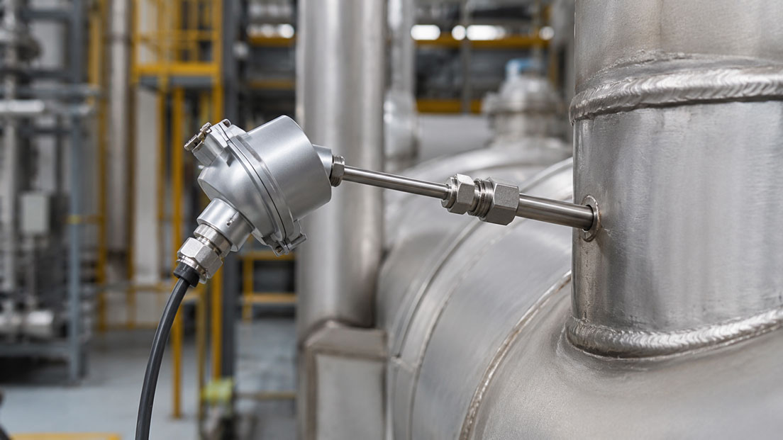 Mantelthermoelement mit Anschlusskopf fachgerecht in einer Prozessanlage montiert