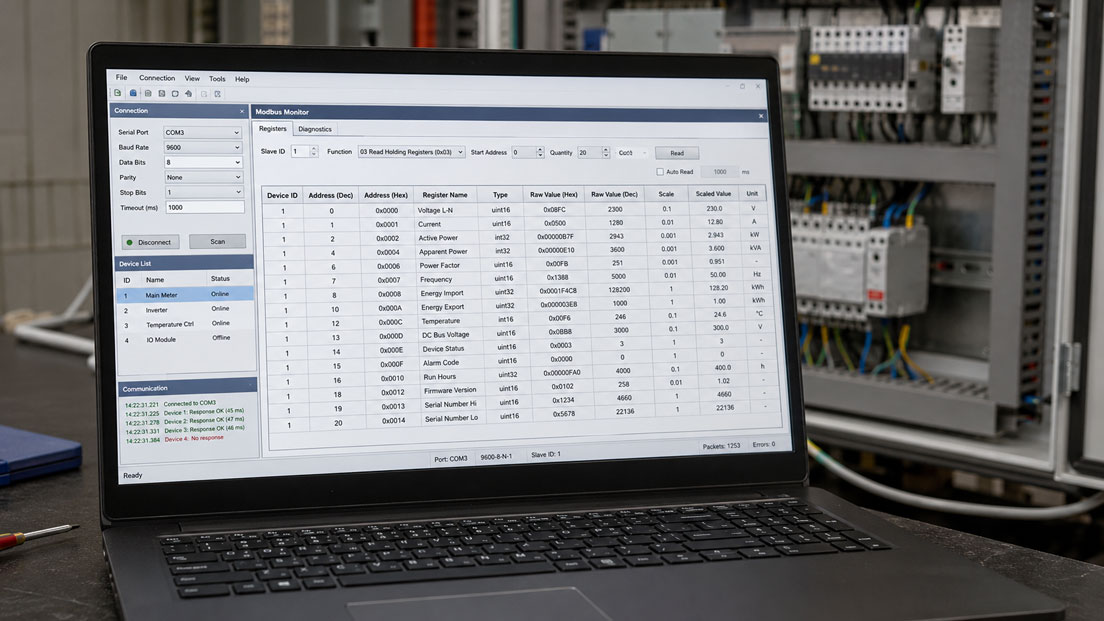 Modbus Messwerte am Laptop prüfen Registeradresse, Datentyp und Skalierung