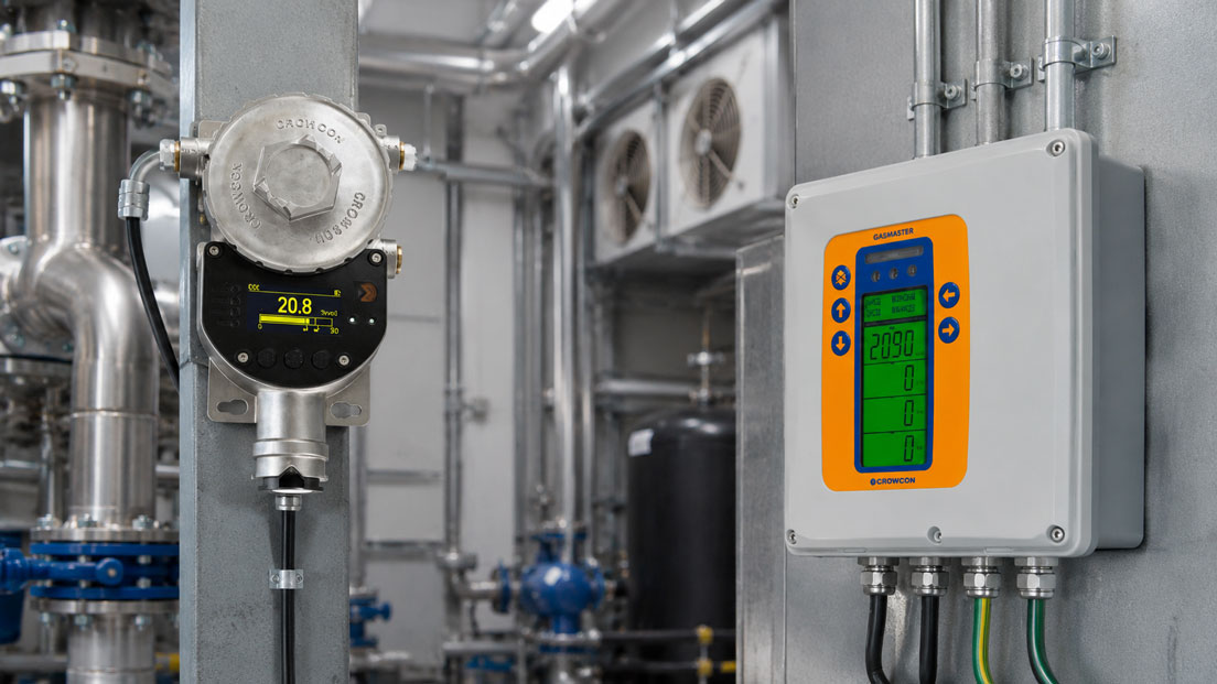 Stationäre Gaswarnanlage mit Gaswarnzentrale und Gasdetektor im Technikraum