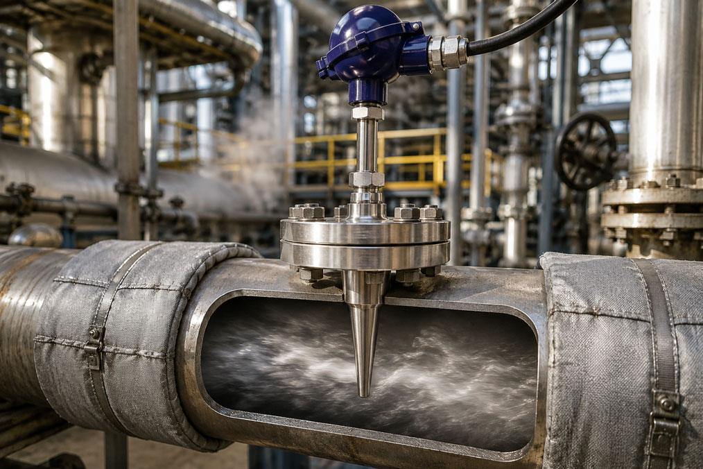 Temperaturfühler mit konischem Flansch Schutzrohr in einer Dampfleitung