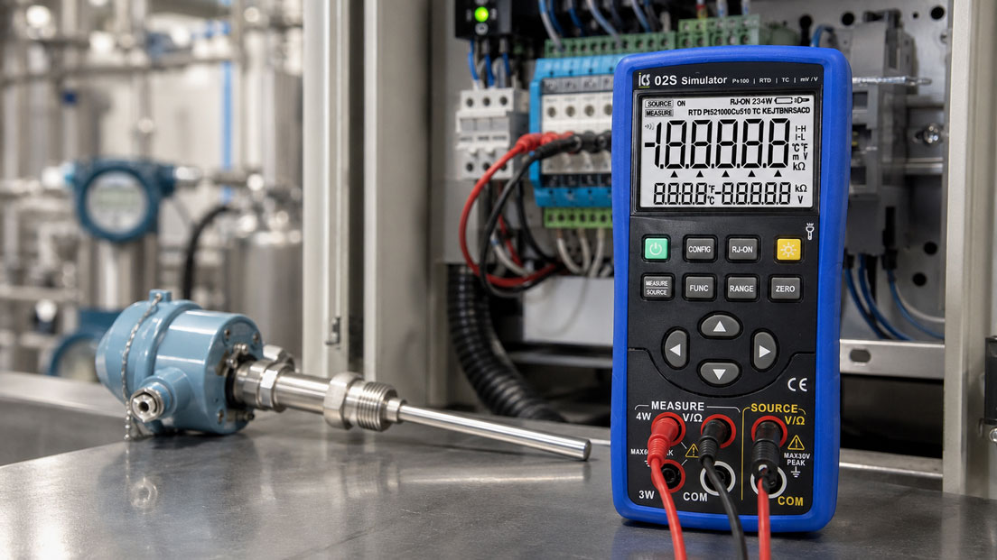 Temperaturmessumformer mit Pt100 und Thermoelement Simulator kalibrieren