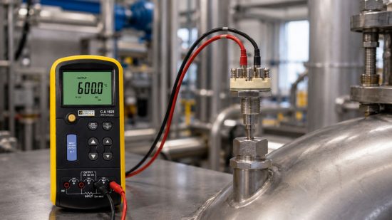 Thermoelement prüfen mit Temperaturkalibrator in industrieller Anlage