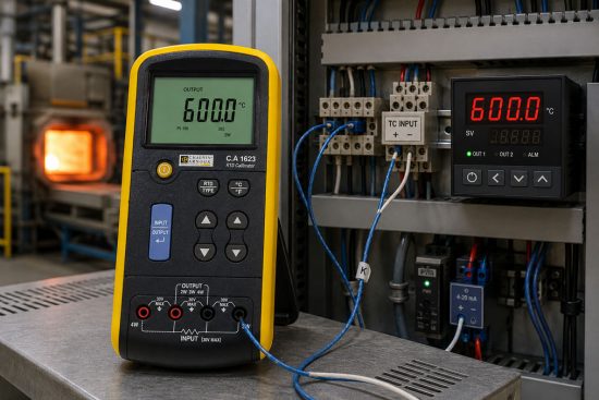 Thermoelement simulieren mit Kalibrator an Temperaturregler im Schaltschrank
