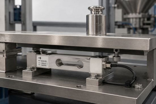 Wägezelle fachgerecht zwischen Grundplatte und Wägeplattform montiert