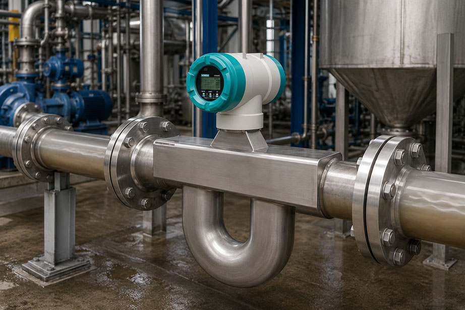 Coriolis Durchflussmessung in einem feststoffhaltigen Prozess mit Zustandsüberwachung des Messrohrs.