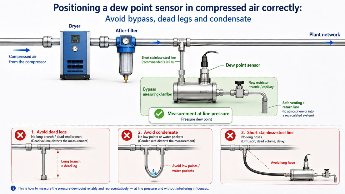Correct Dew Point Sensor Installation in Compressed Air Bypass, Dead Legs and Condensate Avoidance