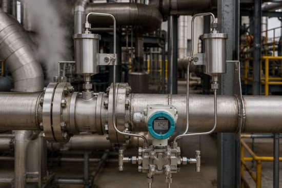 Dampfdurchfluss mit Differenzdruck, Kondensatgefäßen und symmetrischen Wirkdruckleitungen