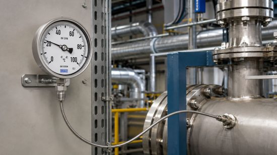 Gasdruckthermometer mit Fernleitung zur räumlich getrennten Temperaturmessung und Anzeige.