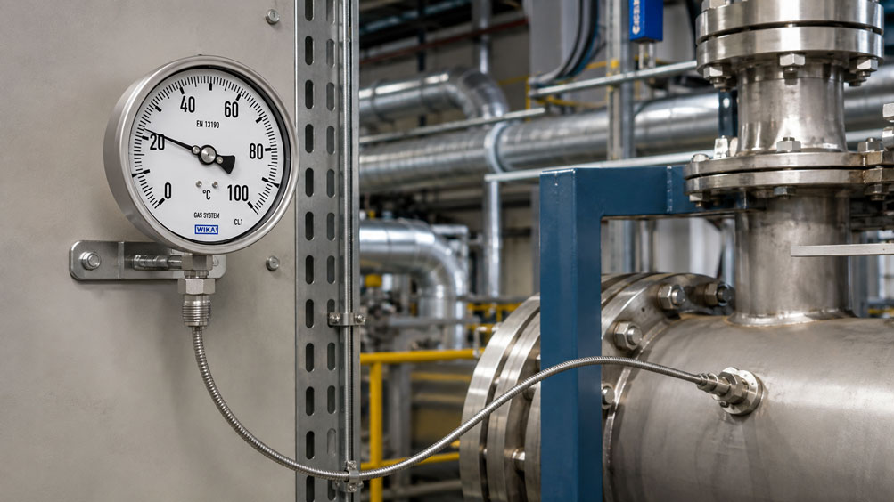Gasdruckthermometer mit Fernleitung zur räumlich getrennten Temperaturmessung und Anzeige.