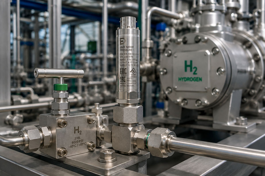 H₂ Druckmessstelle mit Druck UNIK 5000H an einer Wasserstoff Hochdruckanlage