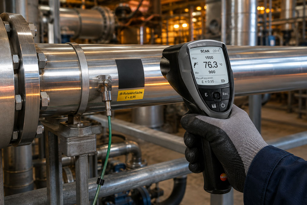 Infrarot Temperaturmessung auf blankem Edelstahl mit Referenzfläche