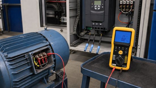 Isolationsmessung an einem vom Frequenzumrichter getrennten Elektromotor mit Isolationsprüfgerät