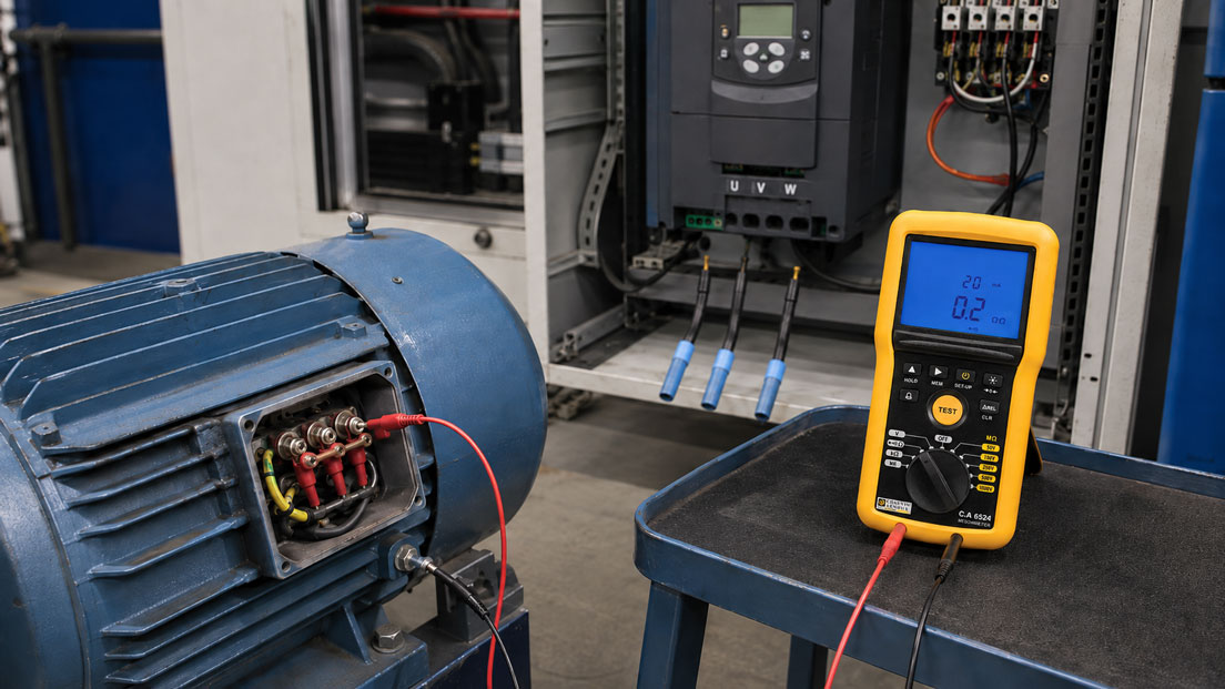 Isolationsmessung an einem vom Frequenzumrichter getrennten Elektromotor mit Isolationsprüfgerät