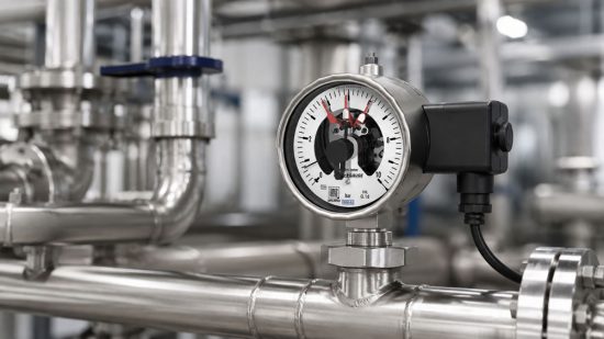 Kontaktmanometer mit Schaltkontakten an industrieller Edelstahl Rohrleitung