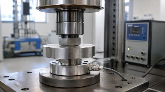 Kraftaufnehmer in einem mechanischen Prüfaufbau zur systematischen Untersuchung von Nullpunktrückkehr, Hysterese und Verspannung.