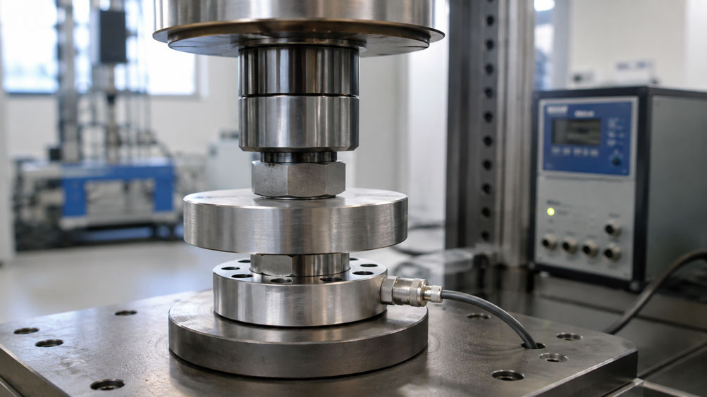 Kraftaufnehmer in einem mechanischen Prüfaufbau zur systematischen Untersuchung von Nullpunktrückkehr, Hysterese und Verspannung.