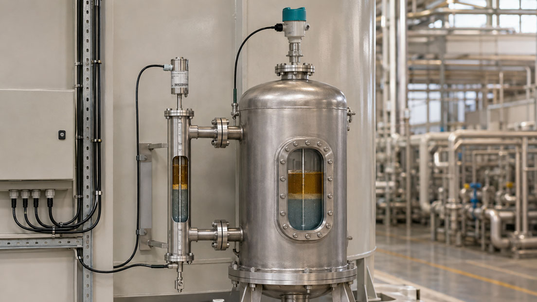 Öl Wasser Grenzflächenmessung mit geführter Mikrowelle und magnetostriktivem Bypass System