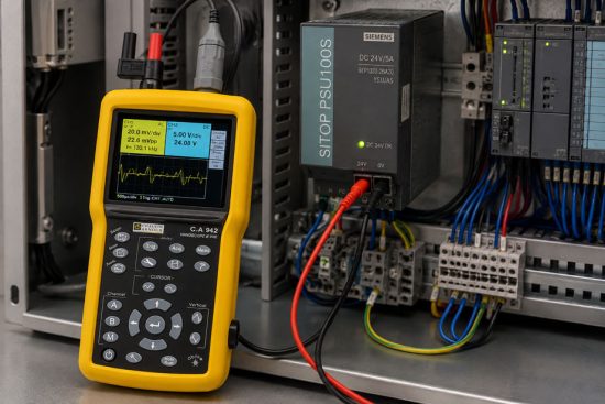 Oszilloskopmessung an einer industriellen 24 V Stromversorgung zur Diagnose von Ripple, Spannungseinbrüchen und Störspitzen