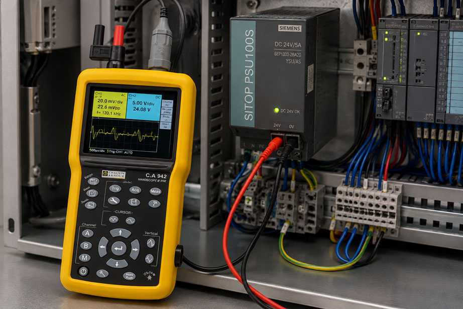 Oszilloskopmessung an einer industriellen 24 V Stromversorgung zur Diagnose von Ripple, Spannungseinbrüchen und Störspitzen