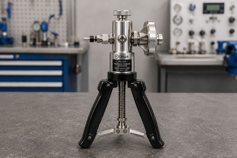 Pneumatische Kalibrierpumpe mit Referenzmessgerät zur Fehlersuche bei instabilem Prüfdruck.