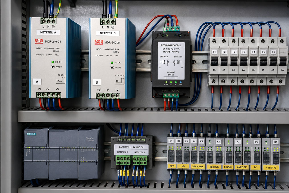 Redundante 24 V Stromversorgung mit zwei Netzteilen und Redundanzmodul