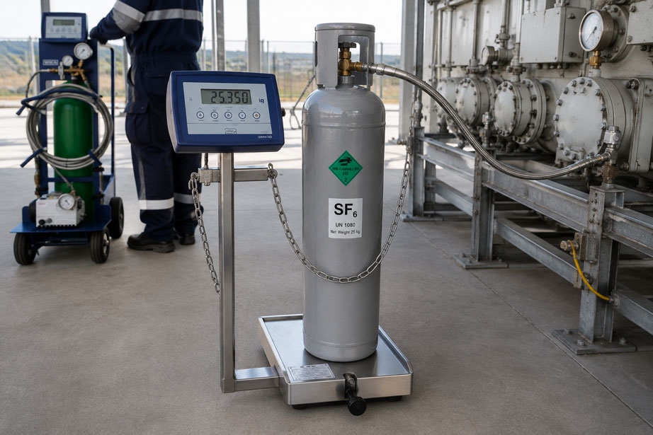 SF₆ Gaszylinder beim Befüllen mit WIKA GWS 10 präzise wiegen