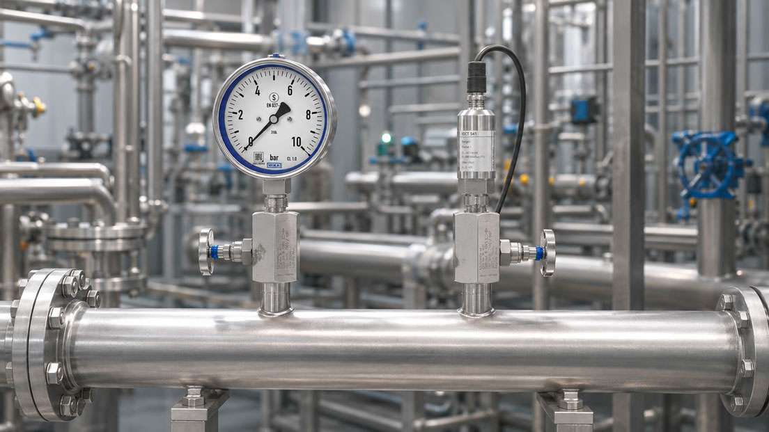 Sauerstoffdruckmessung mit WIKA Manometer, IDCT541 Drucksensor und öl und fettfreien Manometerventilen