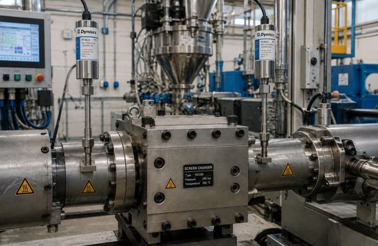 Schmelzedrucksensoren vor und nach einem Siebwechsler zur Differenzdrucküberwachung an einem Extruder