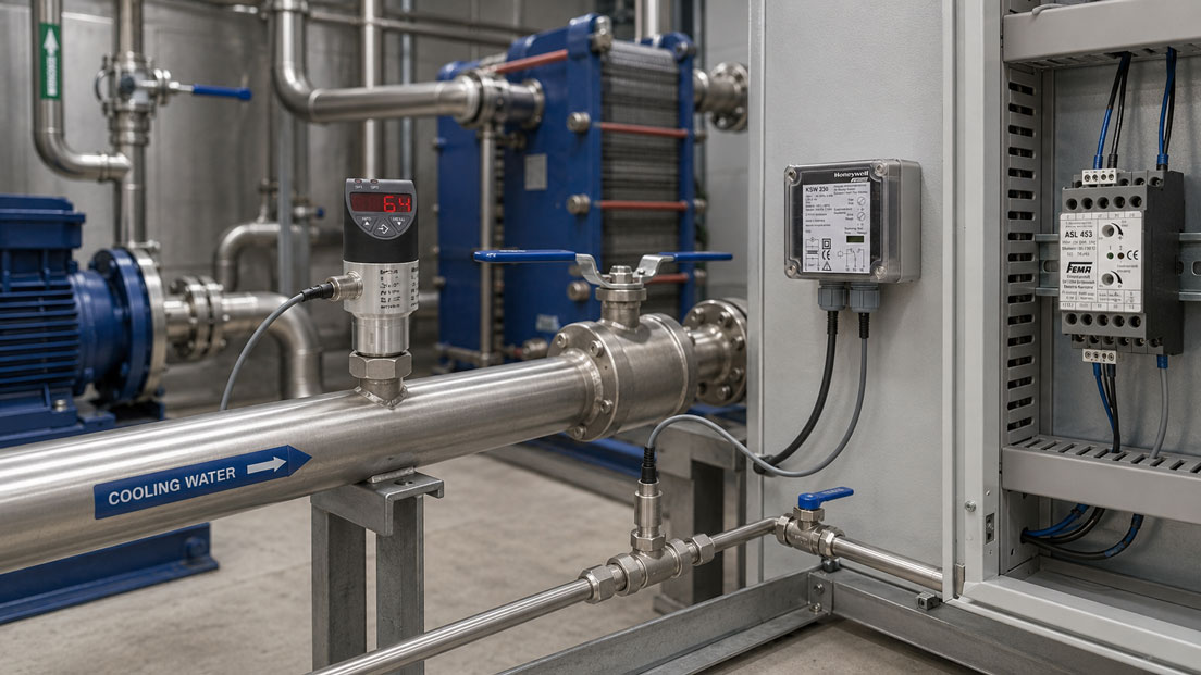Strömungswächter im industriellen Kühlwasserkreislauf technisch korrekt angeschlossen