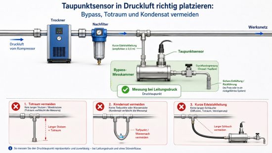 Taupunktmessstelle in Druckluft richtig planen Bypass, Totraum und Kondensat vermeiden