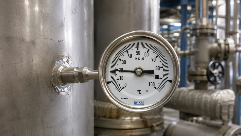 Verstellbares WIKA Zeigerthermometer an industrieller Prozessleitung korrekt ausgerichtet