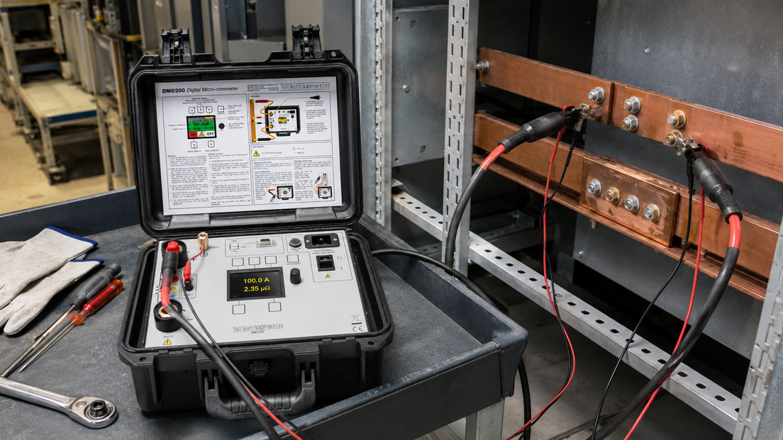 Vierleiter Kelvinmessung an einer Sammelschienenverbindung mit DMO200 Micro Ohmmeter