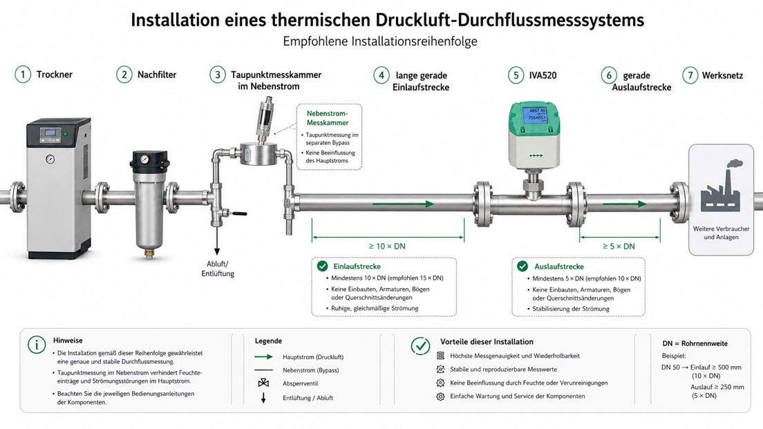installation eines thermischen druckluft durchflussmesssystems