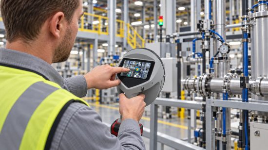 Akustische Leckageortung an einer industriellen Druckluftanlage zur Bewertung von Leckrate, Betriebszeit und Energiekosten.