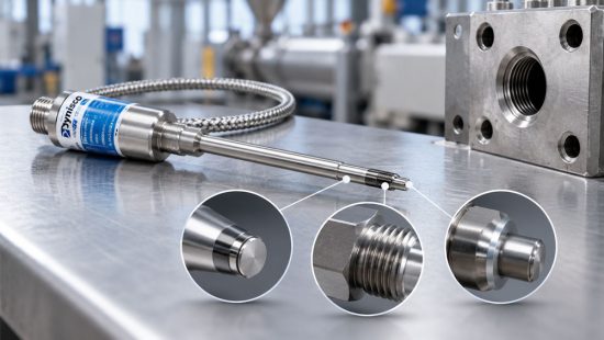 Ausgebauter Dynisco PT462 Schmelzedrucksensor mit sichtbarer Membran, Gewinde und Dichtfläche vor dem Wiedereinbau
